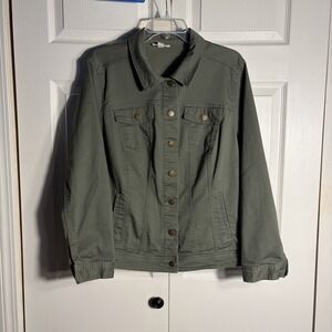 Westport Jean Jacket Women 1X Olive Green Denim Stretch Army Utility Trucker